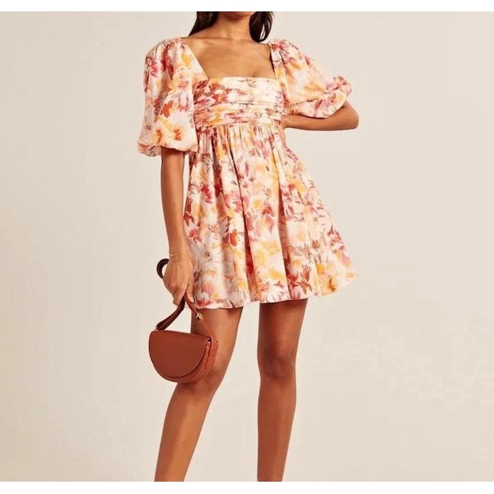 Abercrombie & Fitch Orange Brown Floral Puff Sleeve Smocked Mini Dress WMs S EUC